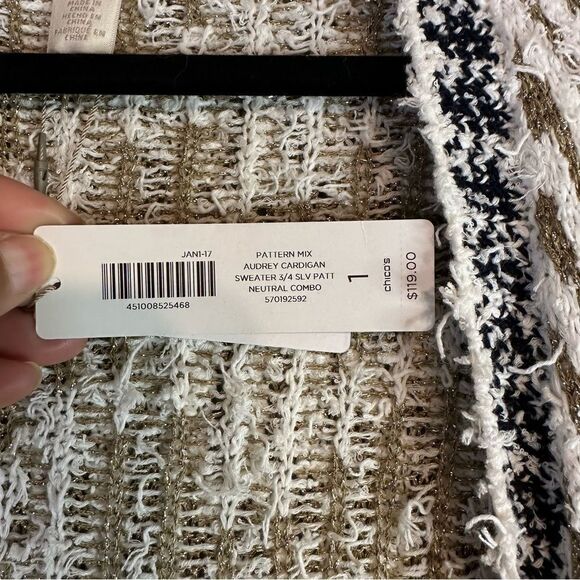 Chico's Sweater Women's Medium Cream Pattern Mix Audrey Open Front Cardigan NEW - Picture 4 of 10